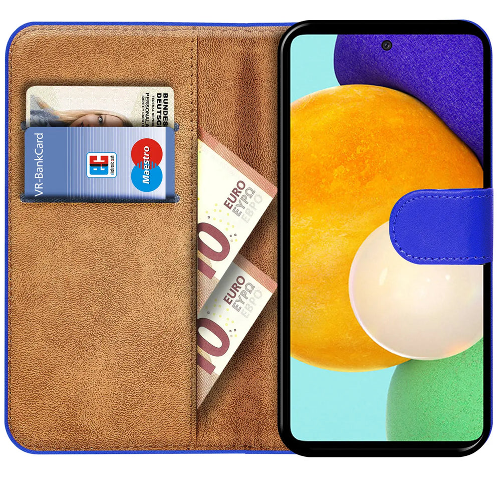 Blaue Klapphülle aus Lederimitat mit Kartenfächern und Geldscheinfach, zeigt Samsung Galaxy A52.
