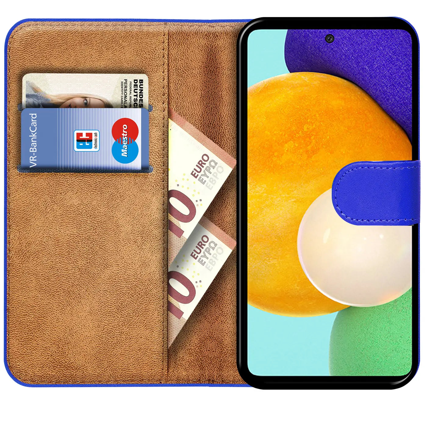 Blaue Klapphülle aus Lederimitat mit Kartenfächern und Geldscheinfach, zeigt Samsung Galaxy A52.
