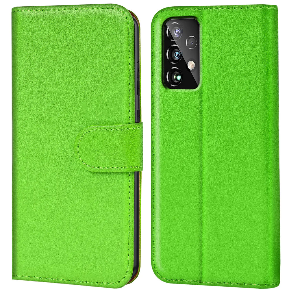 Grüne Kunstleder-Klapphülle mit Kartenfächern, Vorder- und Rückansicht, Samsung Galaxy A52