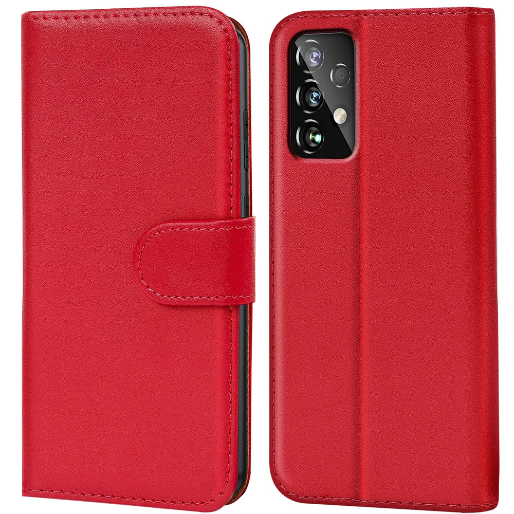 Rote Kunstleder-Klapphülle mit Kartenfächern, Vorder- und Rückansicht, Samsung Galaxy A52/A52S 5G.