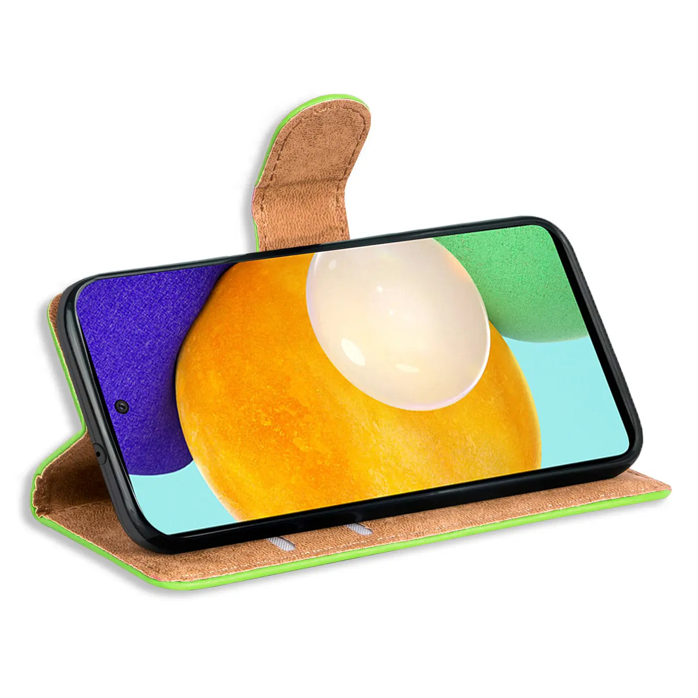 Grüne Klapphülle aus Kunstleder mit braunem Innenfutter, zeigt Samsung Galaxy A53 5G.
