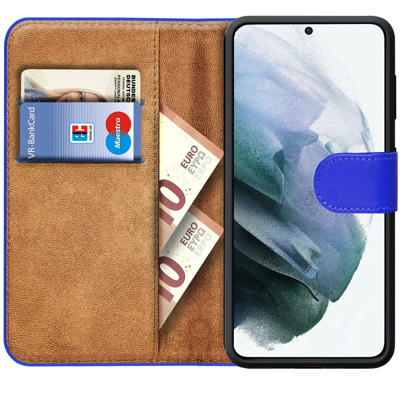 Blaue Klapphülle aus Kunstleder mit Kartenfächern und Geldscheinfach, zeigt Samsung A54 5G.