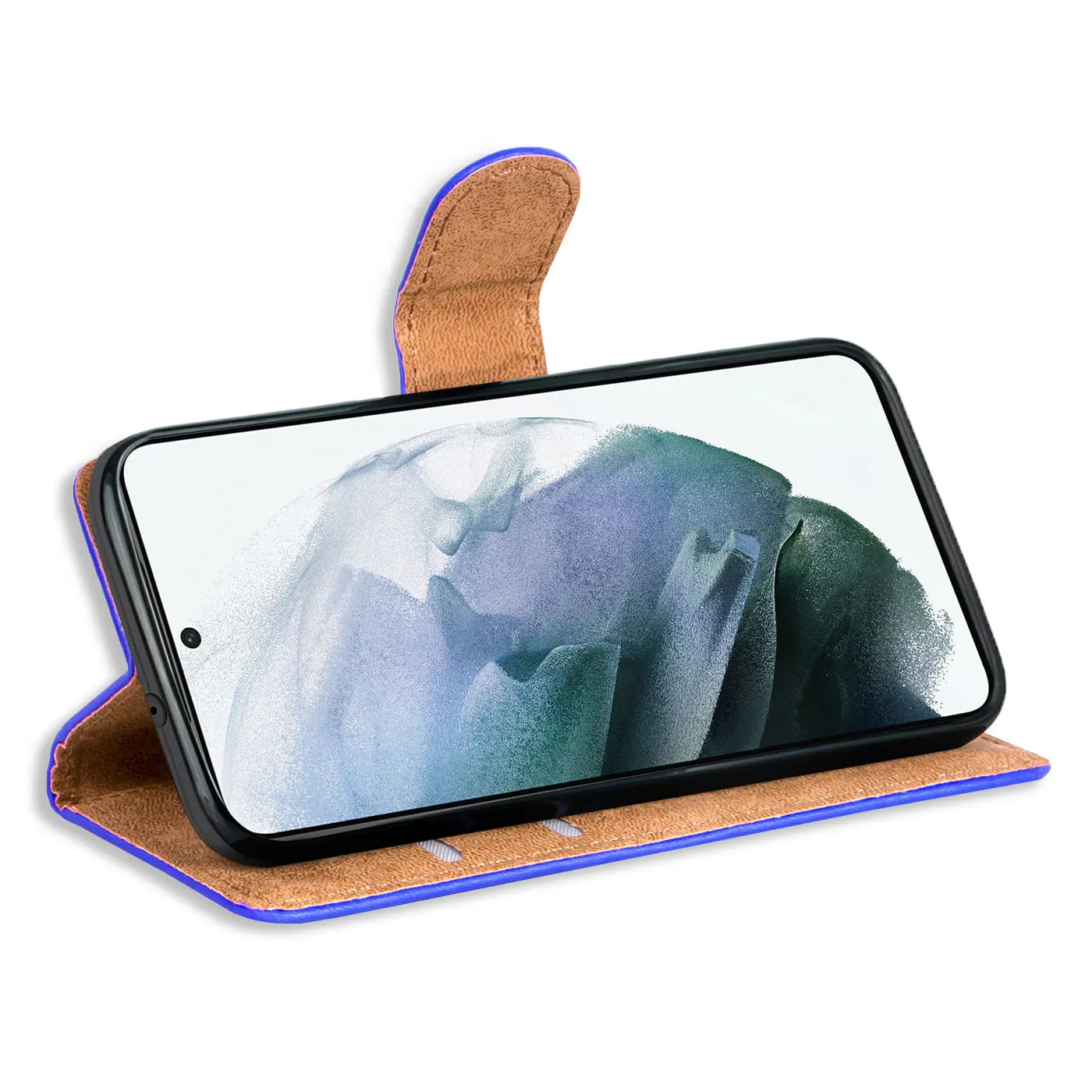 Blaue Kunstleder-Klapphülle mit braunem Innenfutter, seitliche Ansicht, zeigt ein Smartphone.