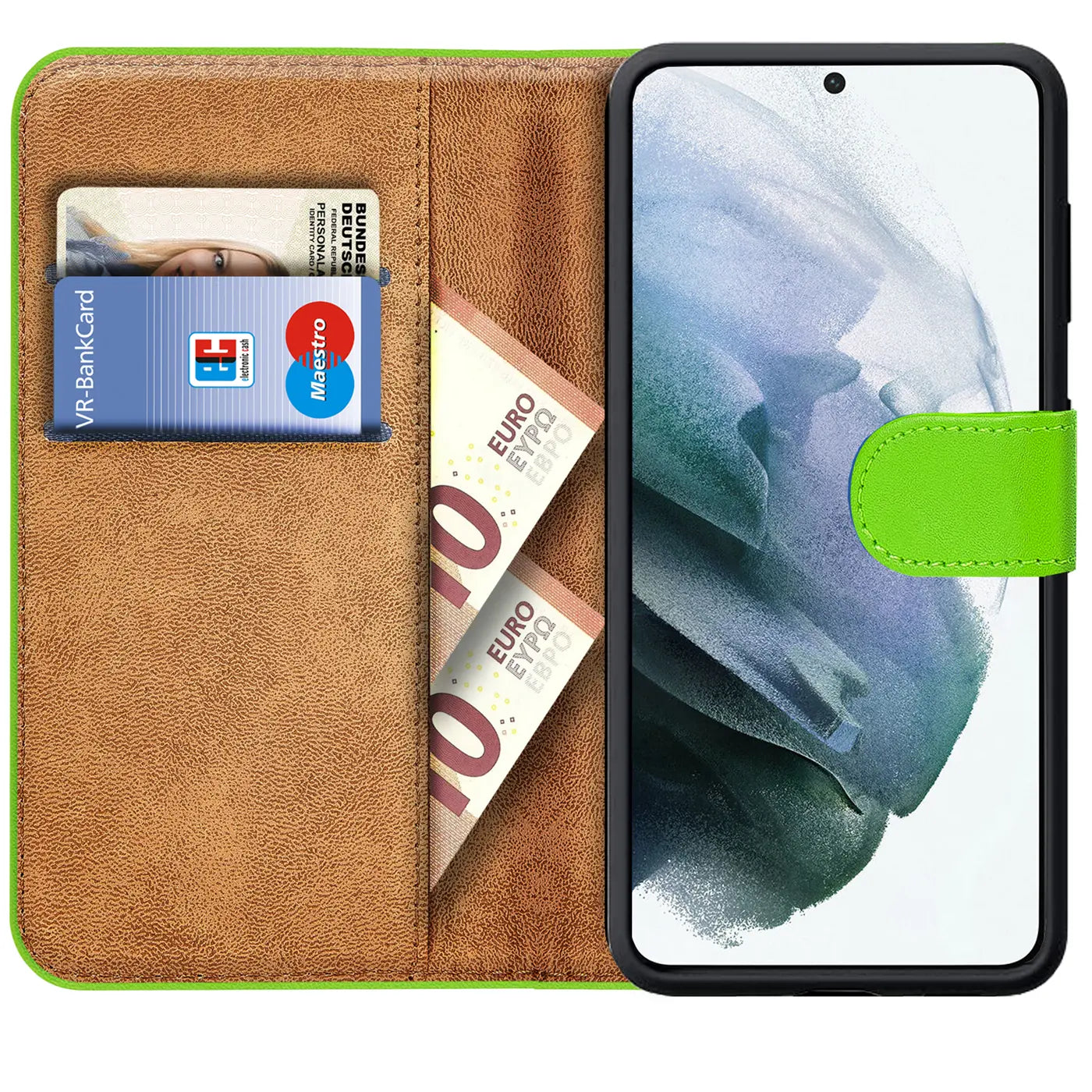 Grüne Kunstleder-Klapphülle mit Kartenfächern und Geldscheinfach, zeigt Samsung Galaxy A54 5G.