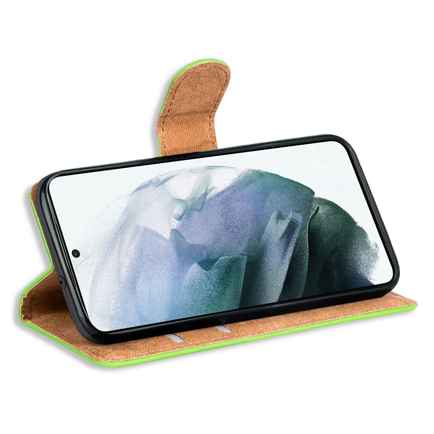 Grüne Klapphülle aus Kunstleder mit braunem Innenfutter, Samsung Galaxy A54 5G, Seitenansicht.