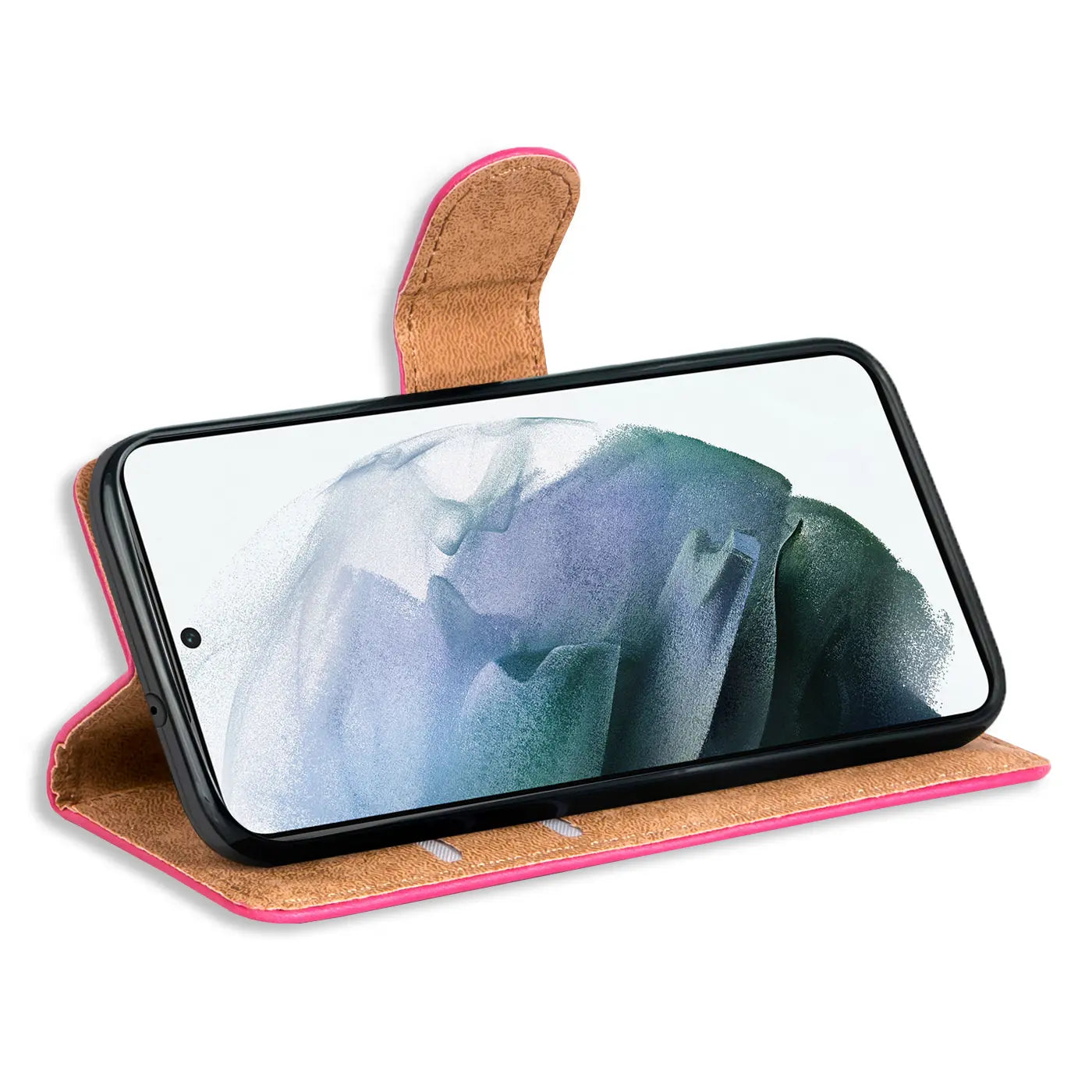 Pink Kunstleder-Klapphülle mit Kartenfächern, Samsung Galaxy A54 5G, von vorne schräg