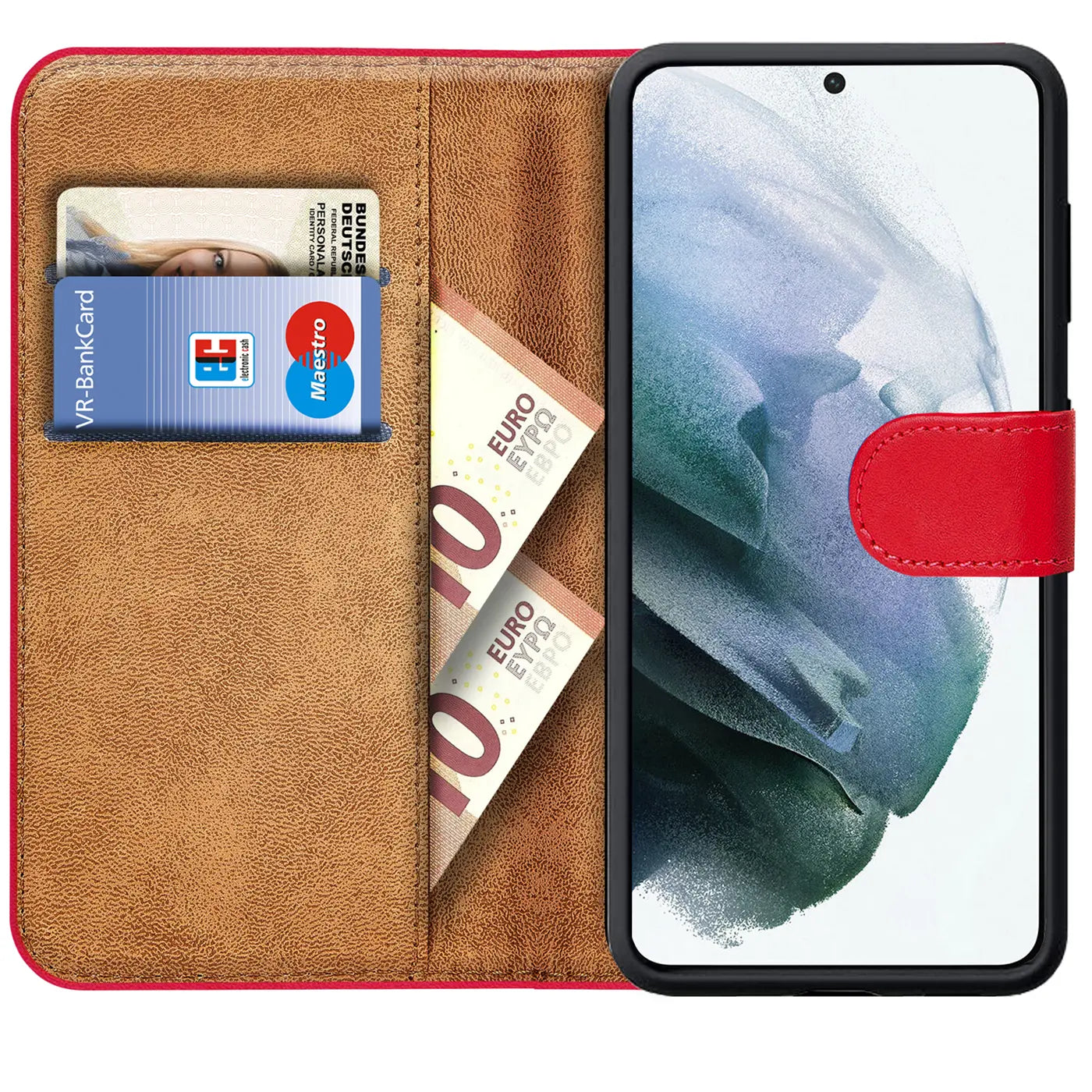 Rote Kunstleder-Klapphülle mit Kartenfächern, zeigt Samsung Galaxy A54 5G.