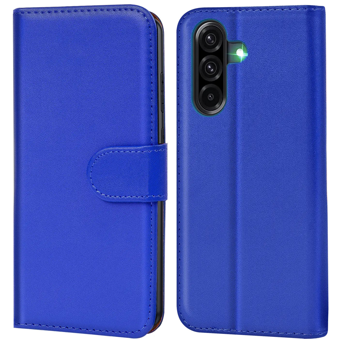 Blaue Kunstleder-Klapphülle mit Kartenfächern, Vorder- und Rückansicht, für Samsung Galaxy A56 5G.