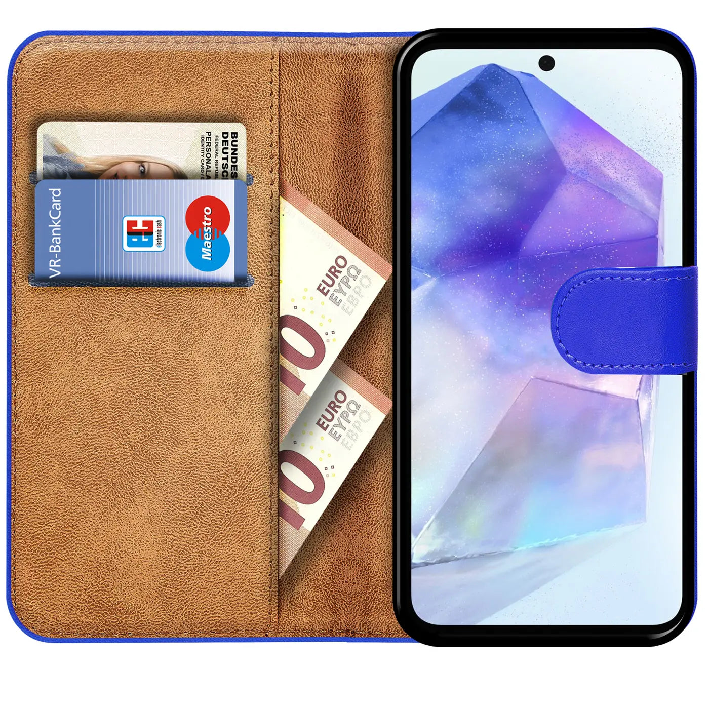 Blaue Kunstleder-Klapphülle mit Kartenfächern und Euro-Scheinen, zeigt Samsung Galaxy A56 5G.