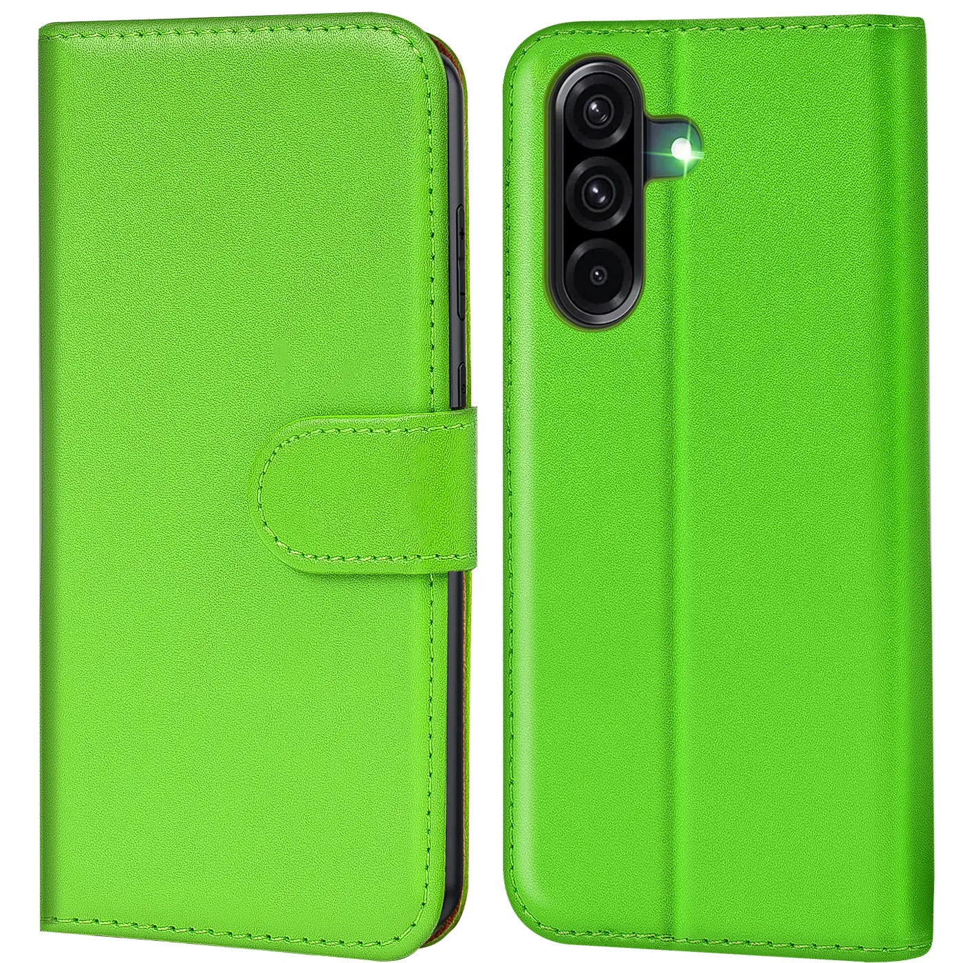 Grüne Kunstleder-Klapphülle mit Kartenfächern, Vorder- und Rückansicht, für Samsung Galaxy A56 5G.