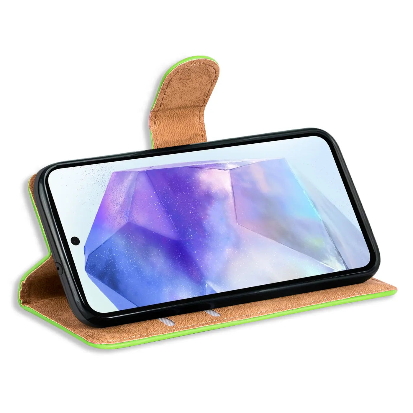 Grüne Kunstleder-Klapphülle mit braunem Innenfutter, Samsung Galaxy A56 5G, Seitenansicht.