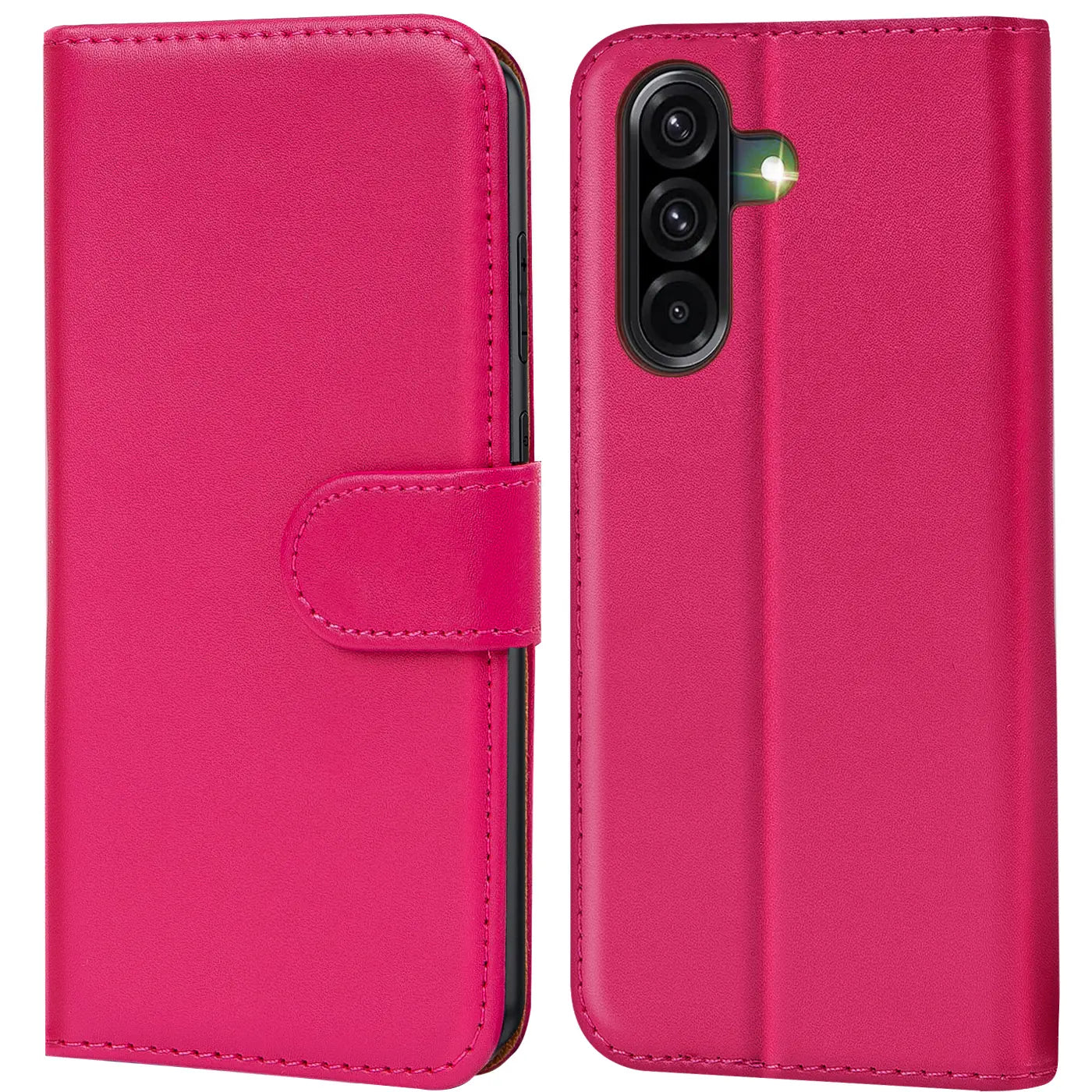 Pink Kunstleder Klapphülle mit Kartenfächern, Vorder- und Rückansicht, Samsung Galaxy A56 5G.
