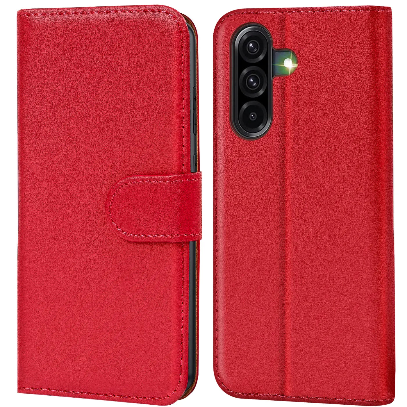 Rote Leder-Klapphülle mit Kartenfächern, Vorder- und Rückansicht, Samsung Galaxy A56 5G.