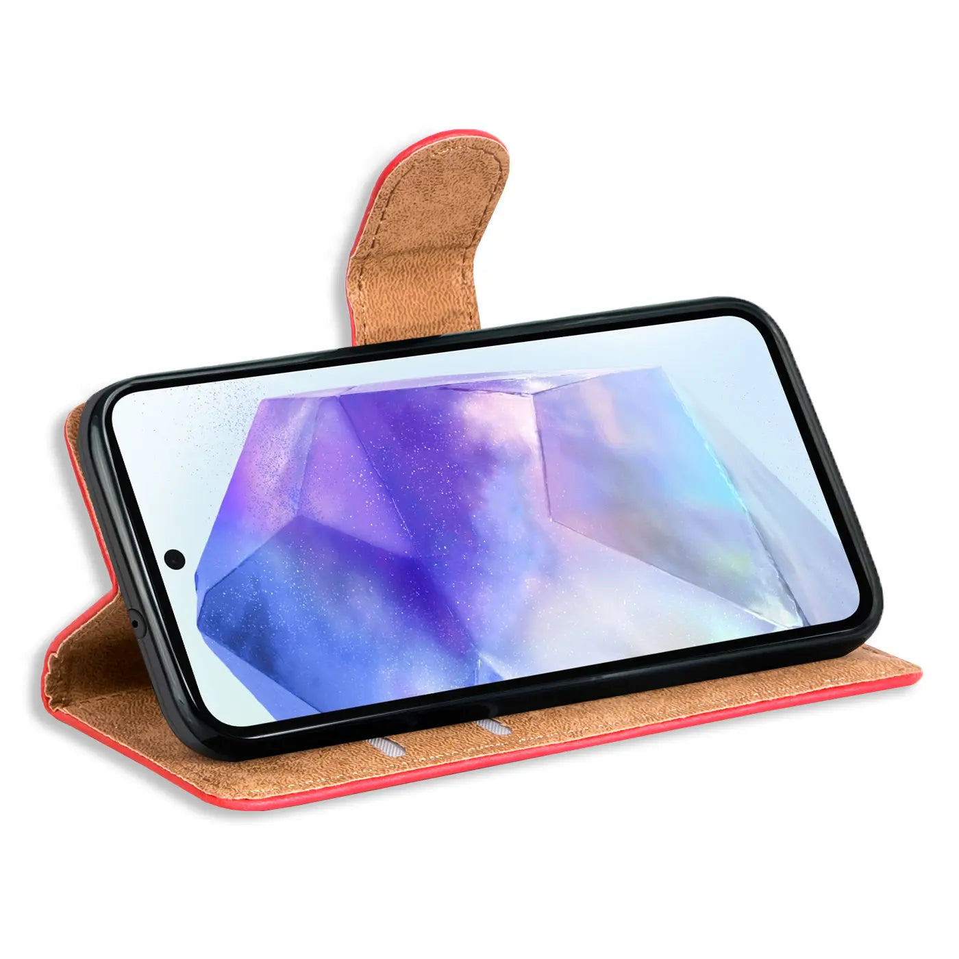 Rote Kunstleder-Klapphülle mit braunem Innenfutter, Samsung Galaxy A56 5G.