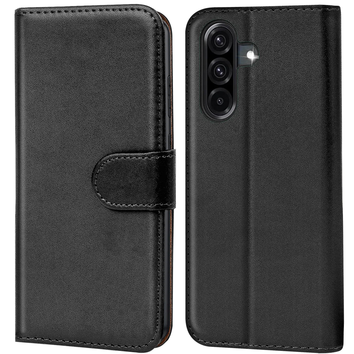 Schwarze Leder-Klapphülle mit Kartenfächern, Vorder- und Rückansicht, Samsung Galaxy A56 5G.