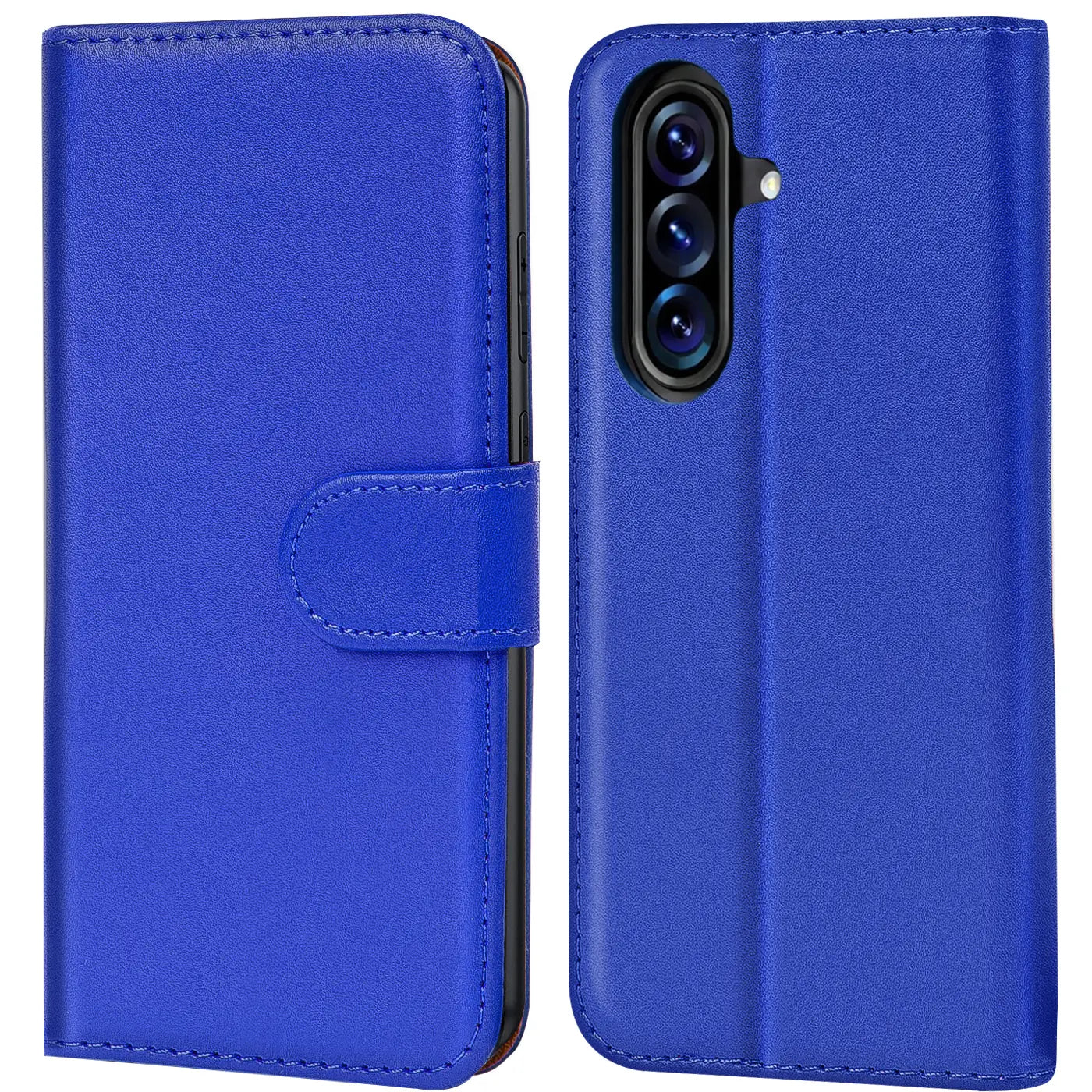 Blaue Kunstleder-Klapphülle mit Kartenfächern, Vorder- und Rückansicht, Samsung Galaxy A57 5G.