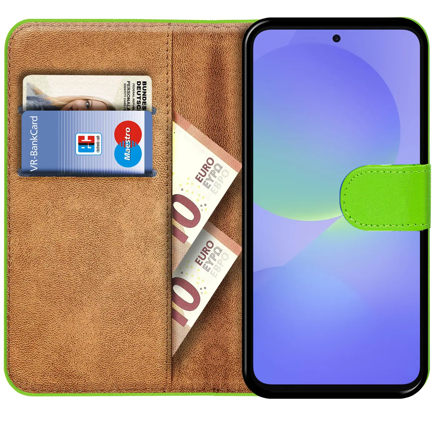 Grüne Kunstleder-Klapphülle mit Kartenfächern, zeigt Bankkarte & Euroscheine. Samsung A57 5G.