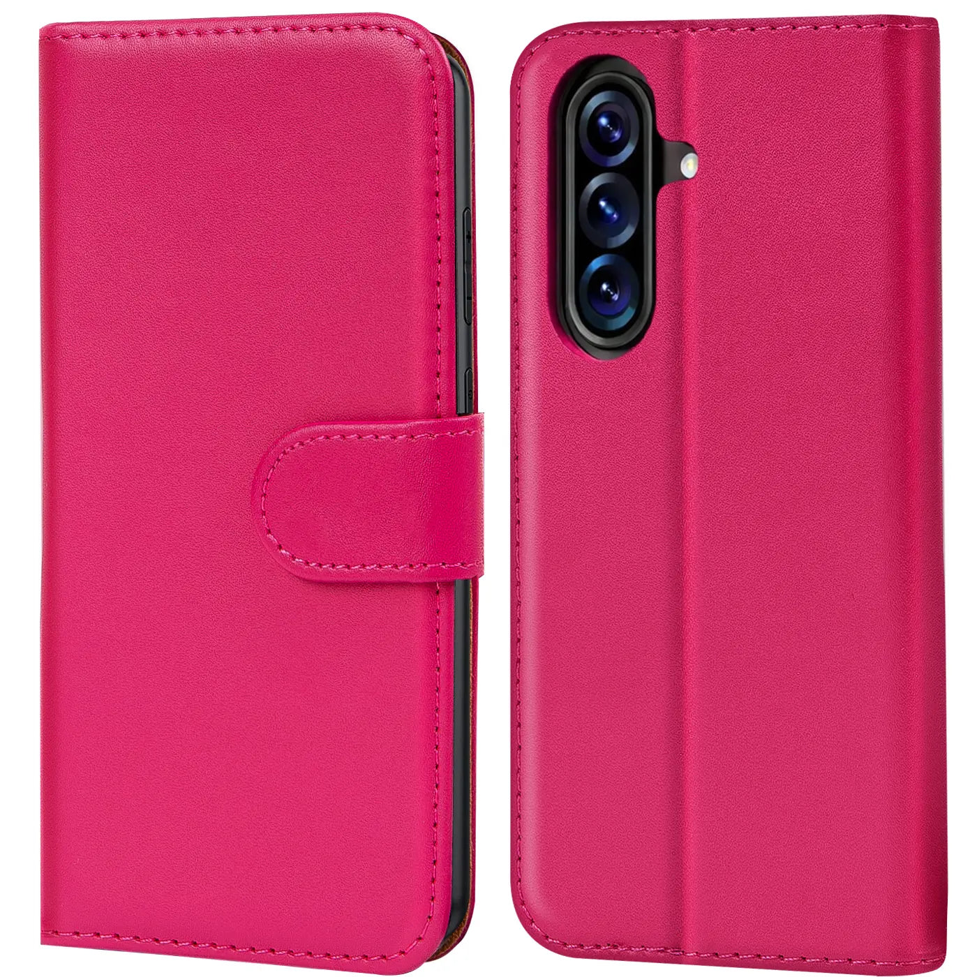 Pink Kunstleder Klapphülle mit Kartenfächern, Samsung Galaxy A57 5G Rückseite sichtbar.