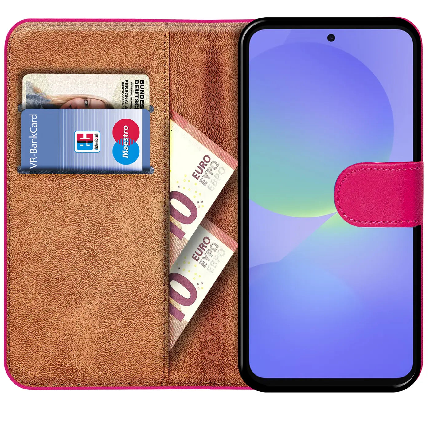 Pink Kunstleder-Klapphülle mit Kartenfächern für Samsung Galaxy A57 5G.