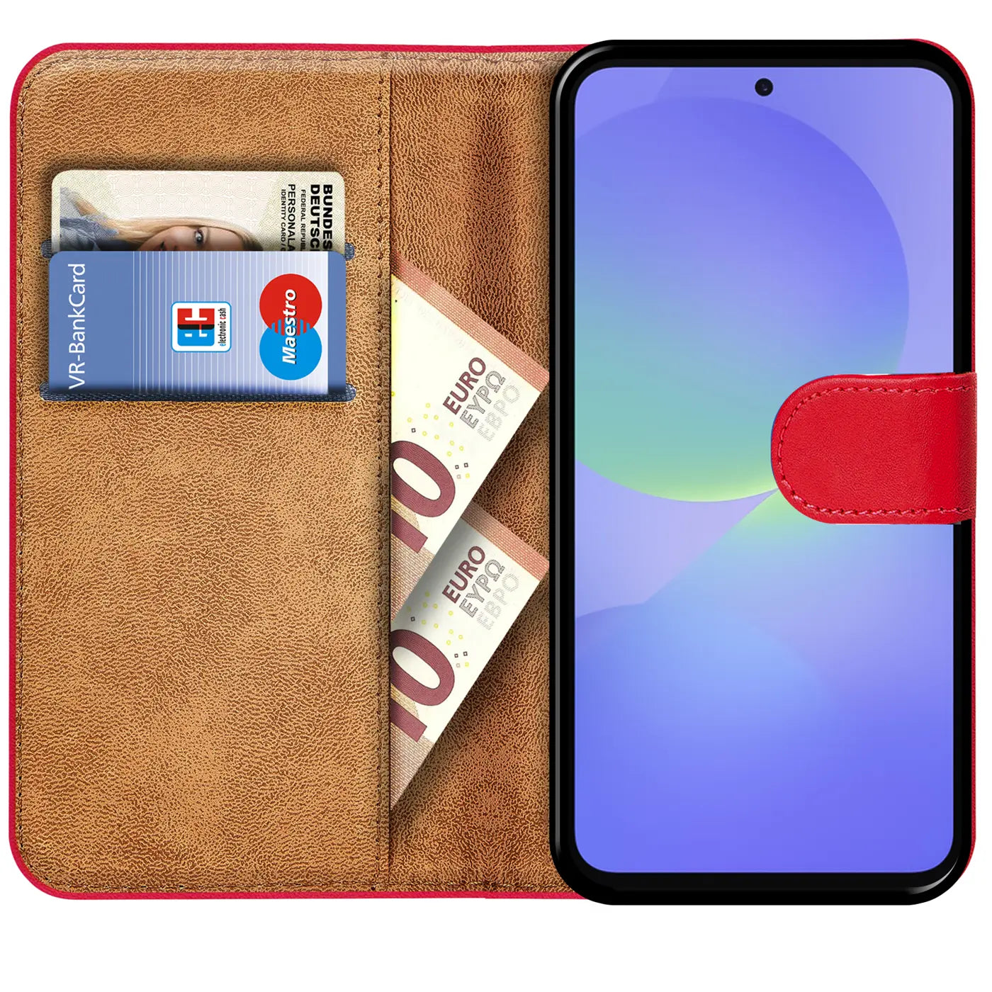 Rote Leder-Klapphülle mit Kartenfächern, zeigt Samsung Galaxy A57 5G.
