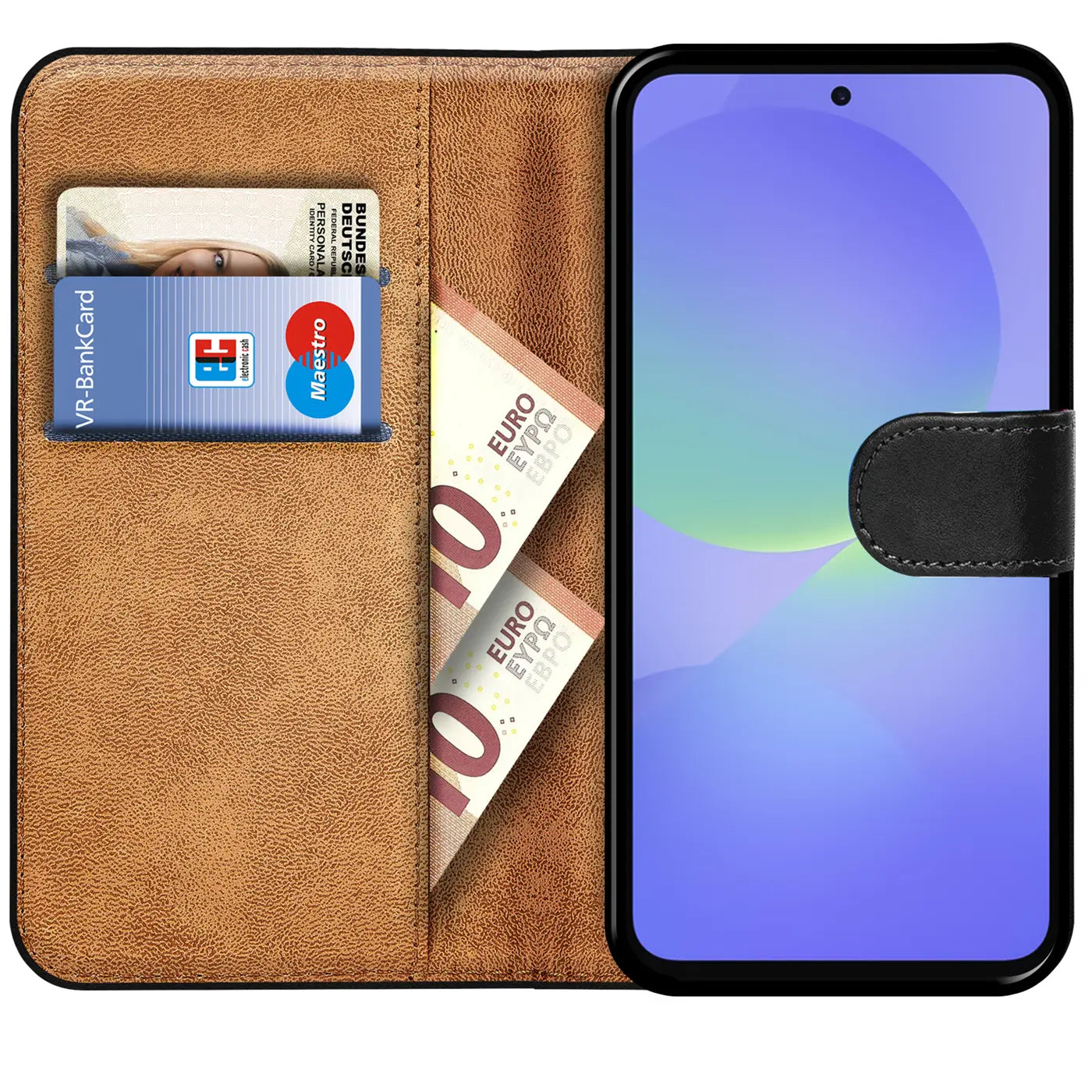 Braune Kunstleder-Klapphülle mit Kartenfächern und Geldscheinfach, zeigt Samsung Galaxy A57 5G.