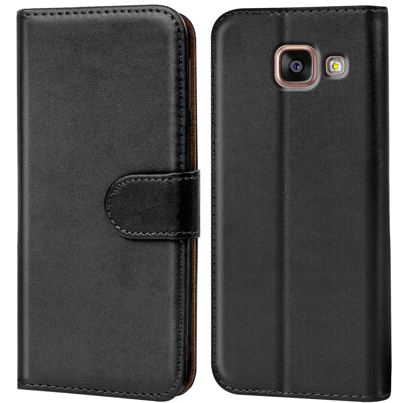 Schwarze Leder-Klapphülle mit Kartenfächern, Vorder- und Rückansicht, Samsung Galaxy A5 2016
