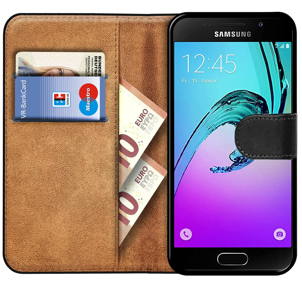 Samsung Galaxy A5 2016 Klapphülle in Schwarz mit Kartenfächern und Schutz