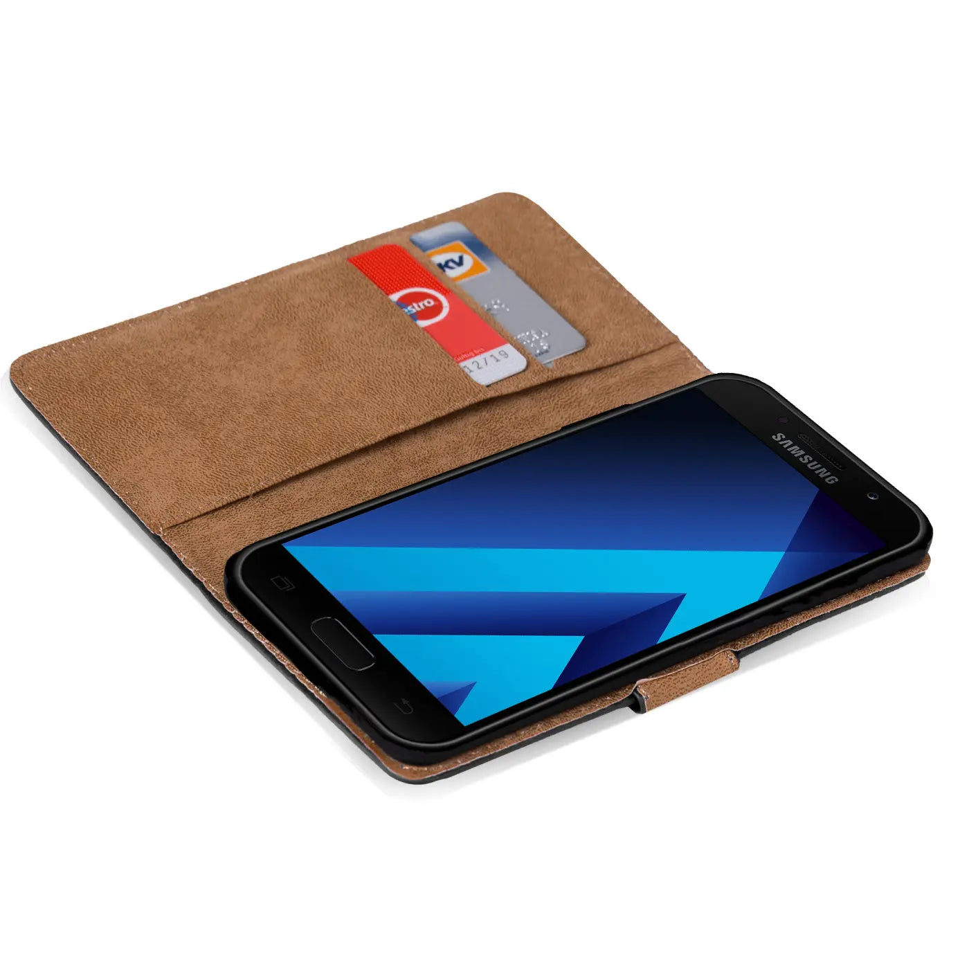Braune Kunstleder-Klapphülle mit Kartenfächern, zeigt Samsung Galaxy A5 2017.