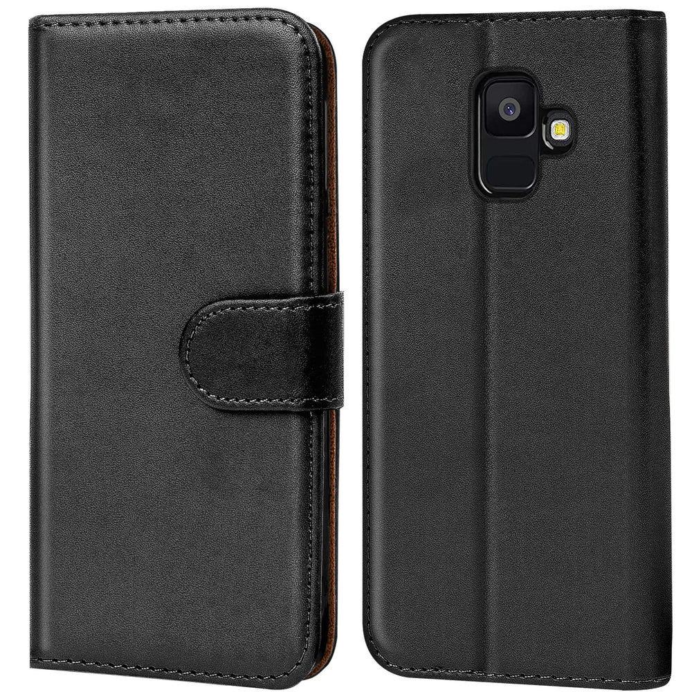 Schwarze Leder-Klapphülle mit Kartenfächern, Vorder- und Rückansicht, für Samsung Galaxy A6.