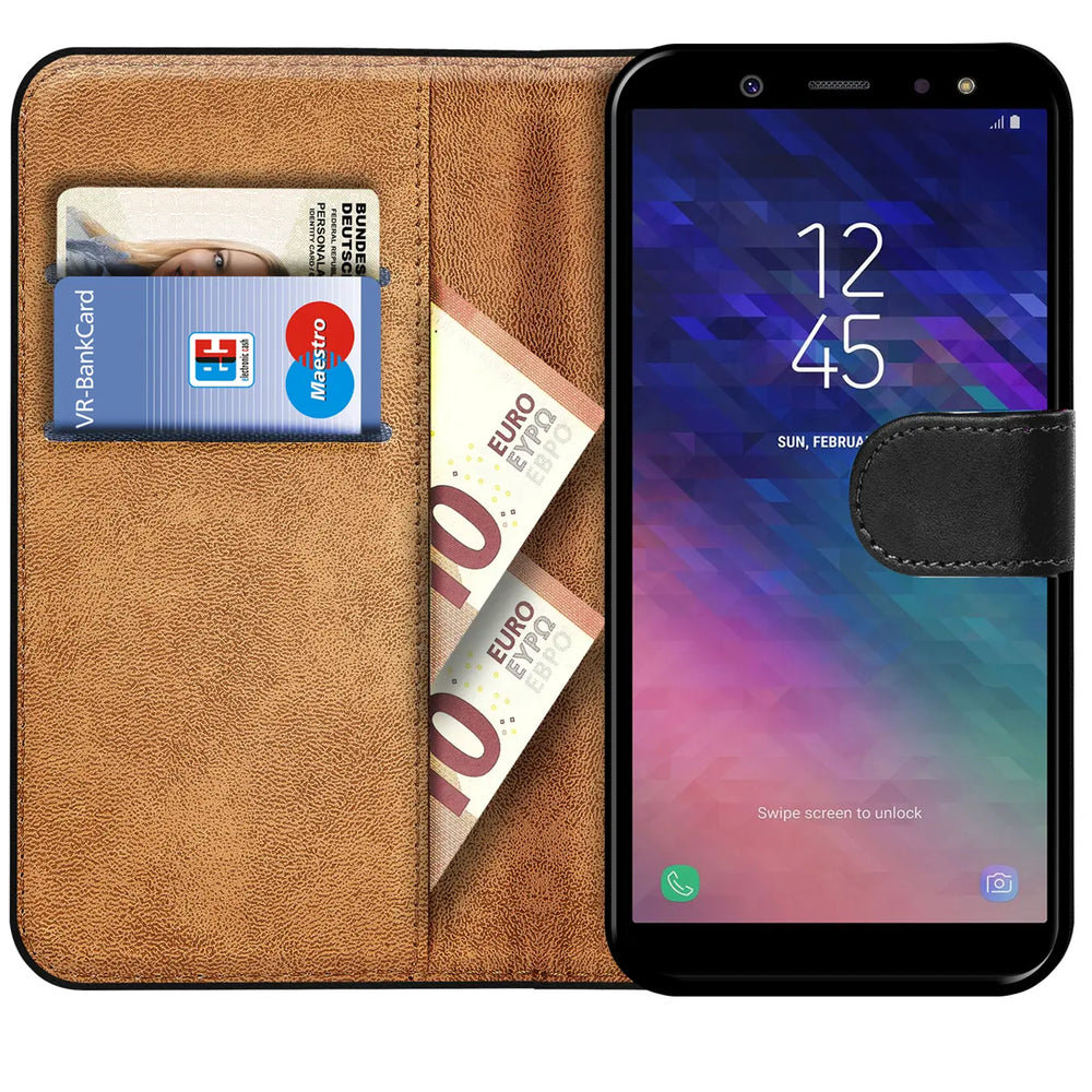 Braune Leder-Klapphülle mit Kartenfächern und Geldscheinen, zeigt Samsung Galaxy A6.