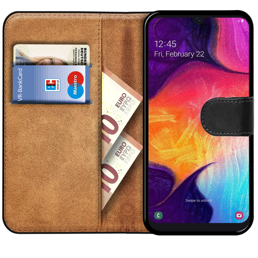 Braune Kunstleder Klapphülle mit Kartenfächern, zeigt Samsung Galaxy A70/A70s.