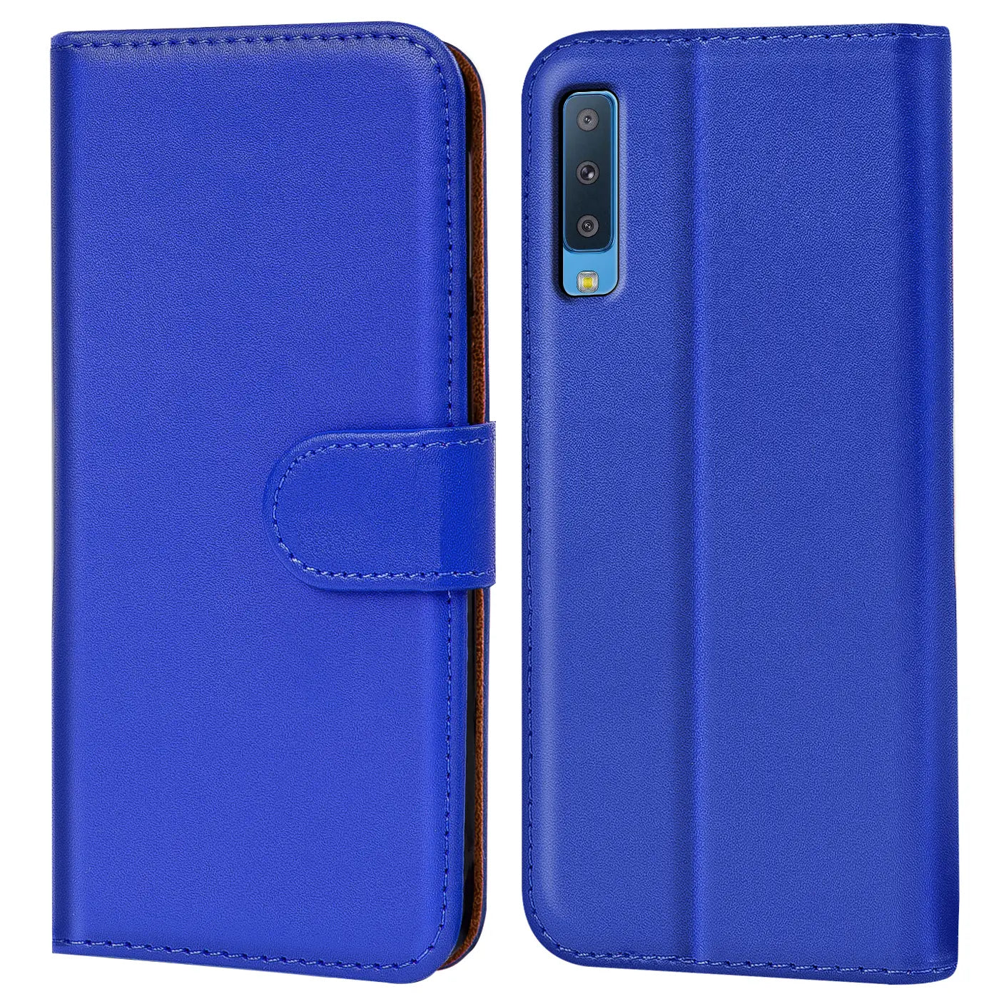 Blaue Kunstleder-Klapphülle mit Kartenfächern, Vorder- und Rückansicht, Samsung Galaxy A7 2018.