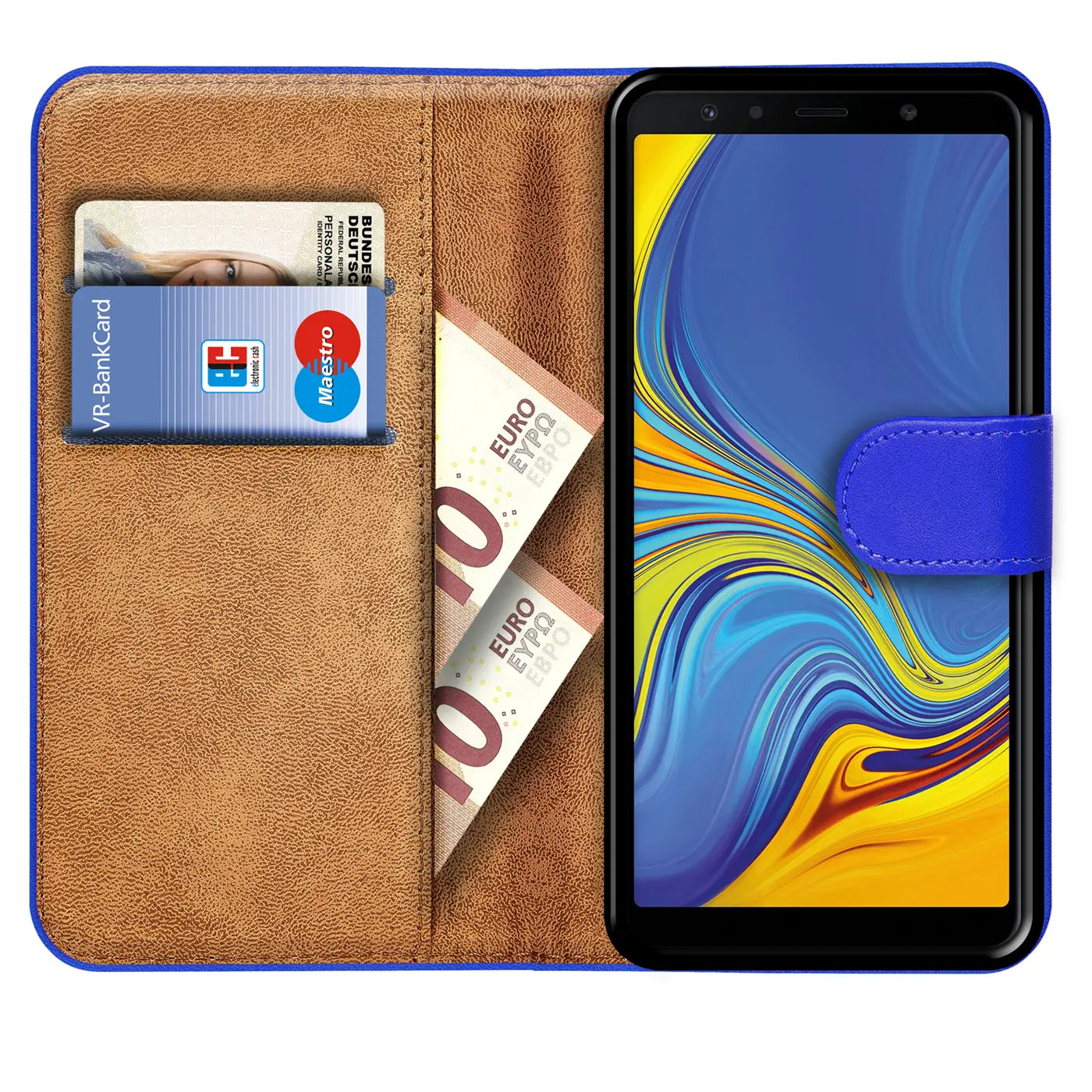 Blaue Kunstleder-Klapphülle mit Kartenfächern, zeigt Samsung Galaxy A7 2018.