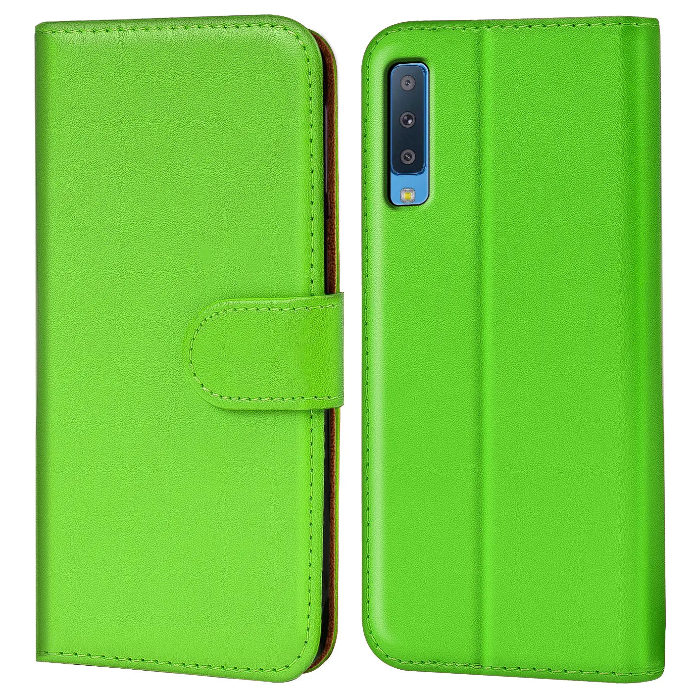 Grüne Kunstleder-Klapphülle für Samsung Galaxy A7 2018, Vorder- und Rückansicht.
