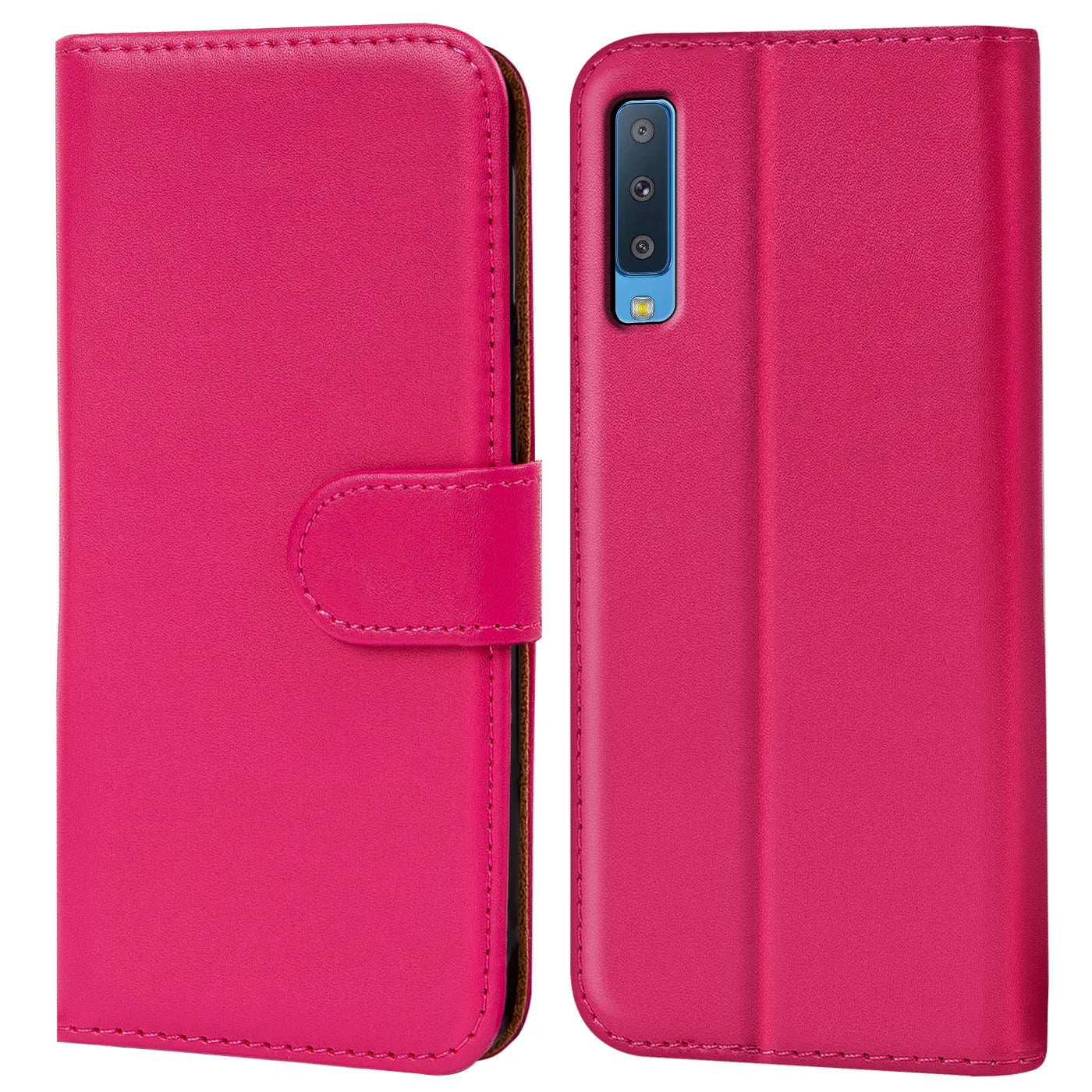 Pink Kunstleder Klapphülle mit Kartenfächern, Vorder- und Rückansicht, Samsung Galaxy A7 2018.