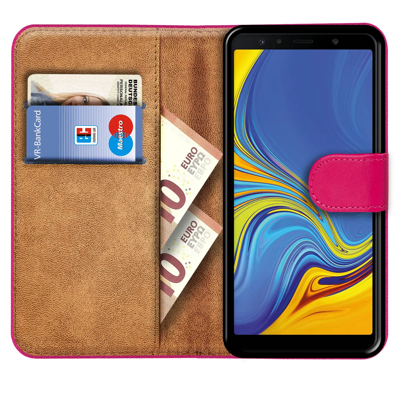 Pink Kunstleder-Klapphülle mit Kartenfächern, zeigt Samsung Galaxy A7 2018.