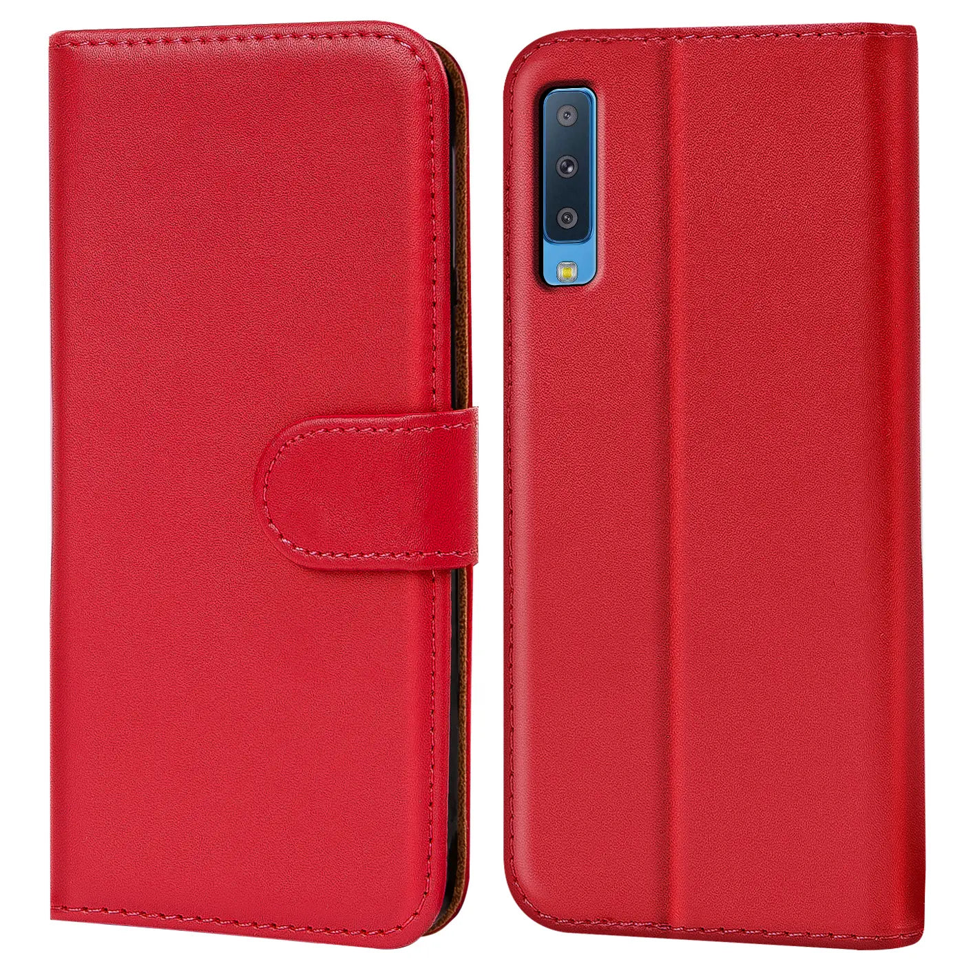 Rote Kunstleder-Klapphülle mit Kartenfächern, Vorder- und Rückansicht, Samsung Galaxy A7 2018