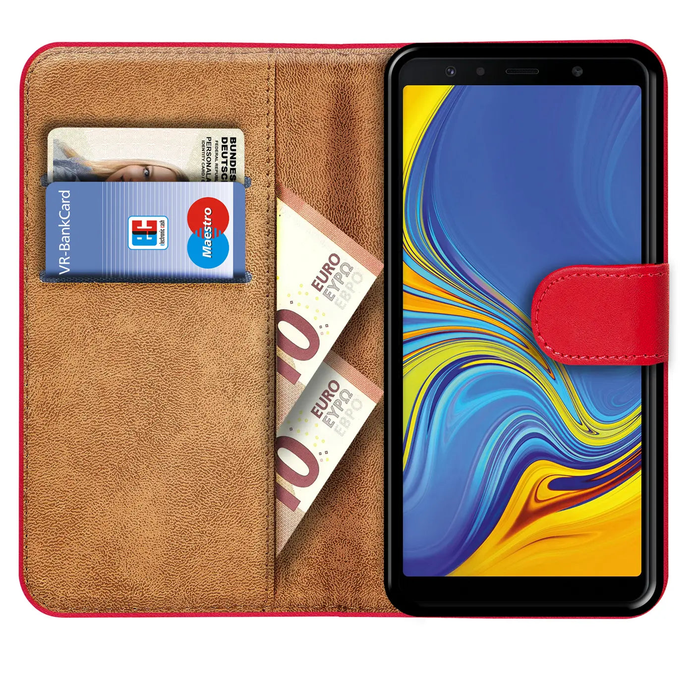 Rote Klapphülle aus Kunstleder mit Kartenfächern, zeigt Samsung Galaxy A7 2018.