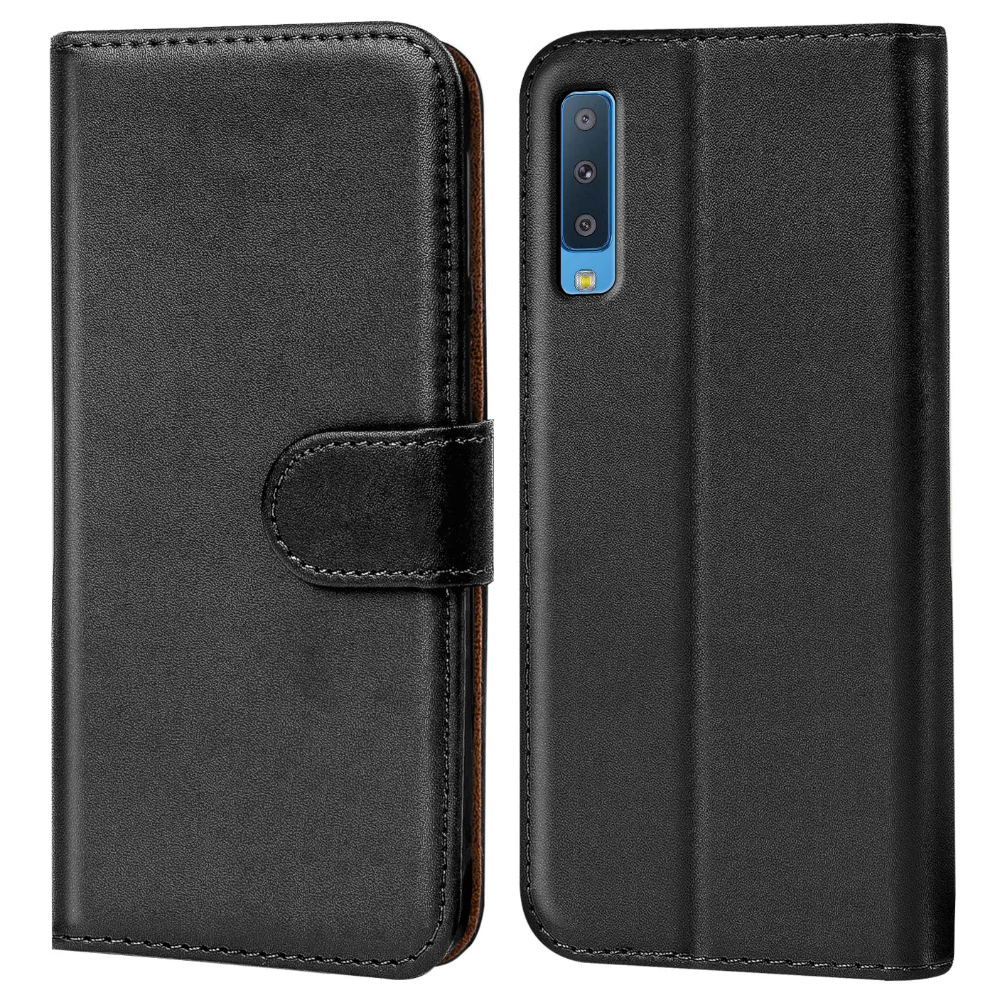Schwarze Leder Klapphülle mit Kartenfächern, Vorder- und Rückansicht, Samsung Galaxy A7 2018