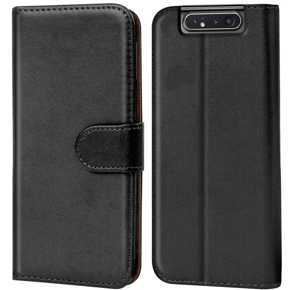 Schwarze Leder-Klapphülle für Samsung Galaxy A80, Vorder- und Rückansicht.