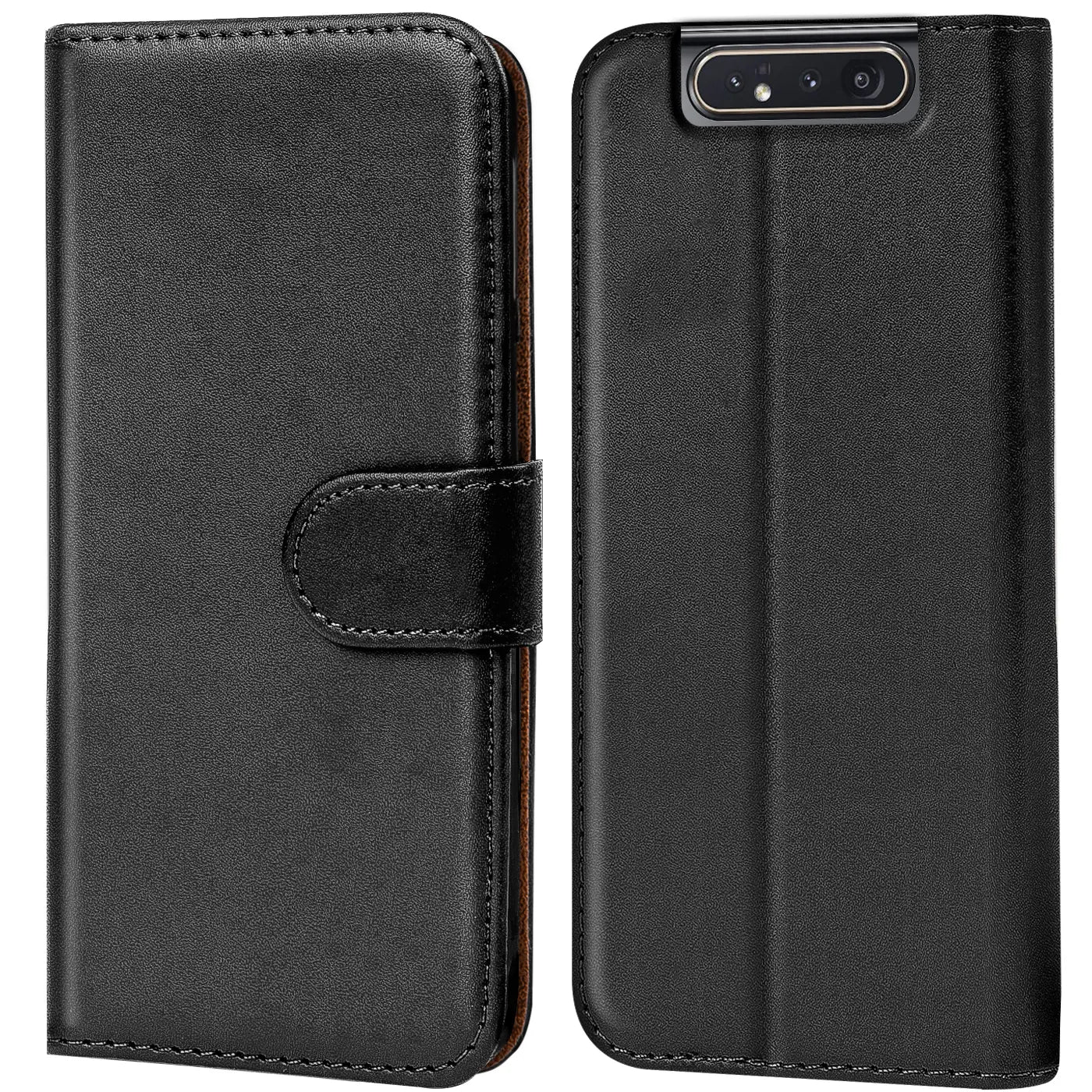 Schwarze Leder-Klapphülle für Samsung Galaxy A80, Vorder- und Rückansicht.