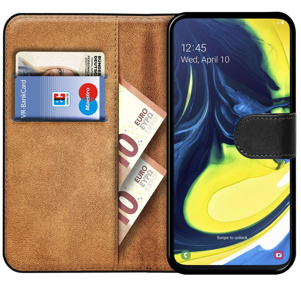Braune Kunstleder-Klapphülle mit Kartenfächern und Euro-Scheinen, zeigt Samsung Galaxy A80.