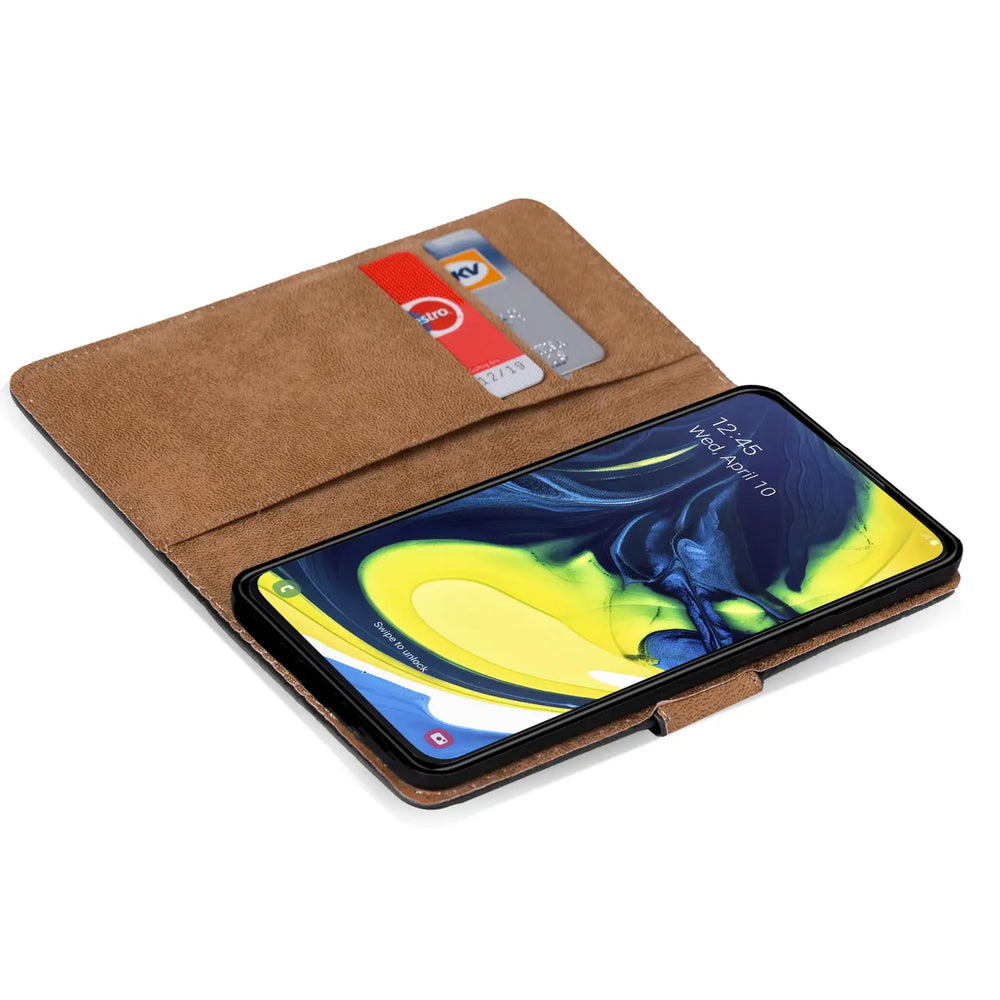 Braune Kunstleder-Klapphülle mit Kartenfächern, Samsung Galaxy A80 von vorne