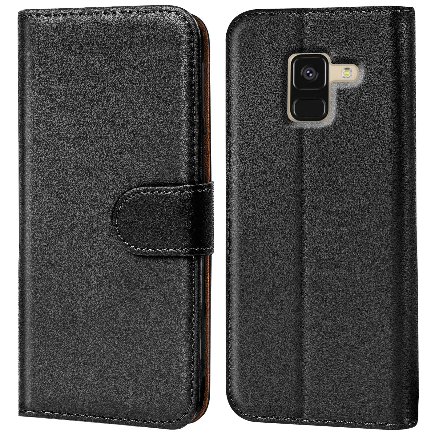 Schwarze Leder-Klapphülle mit Kartenfächern, Vorder- und Rückansicht, Samsung Galaxy A8 2018