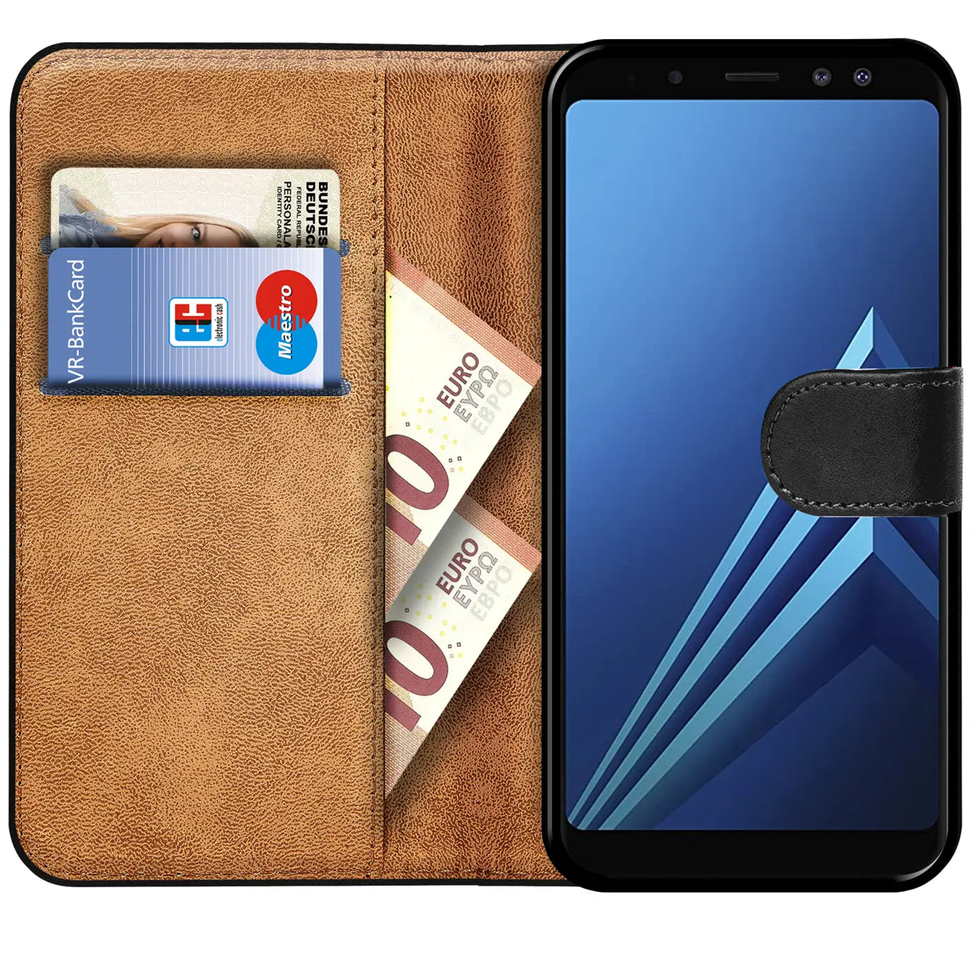 Braune Leder-Klapphülle mit Kartenfächern und Geldscheinen, zeigt Samsung Galaxy A8 2018.