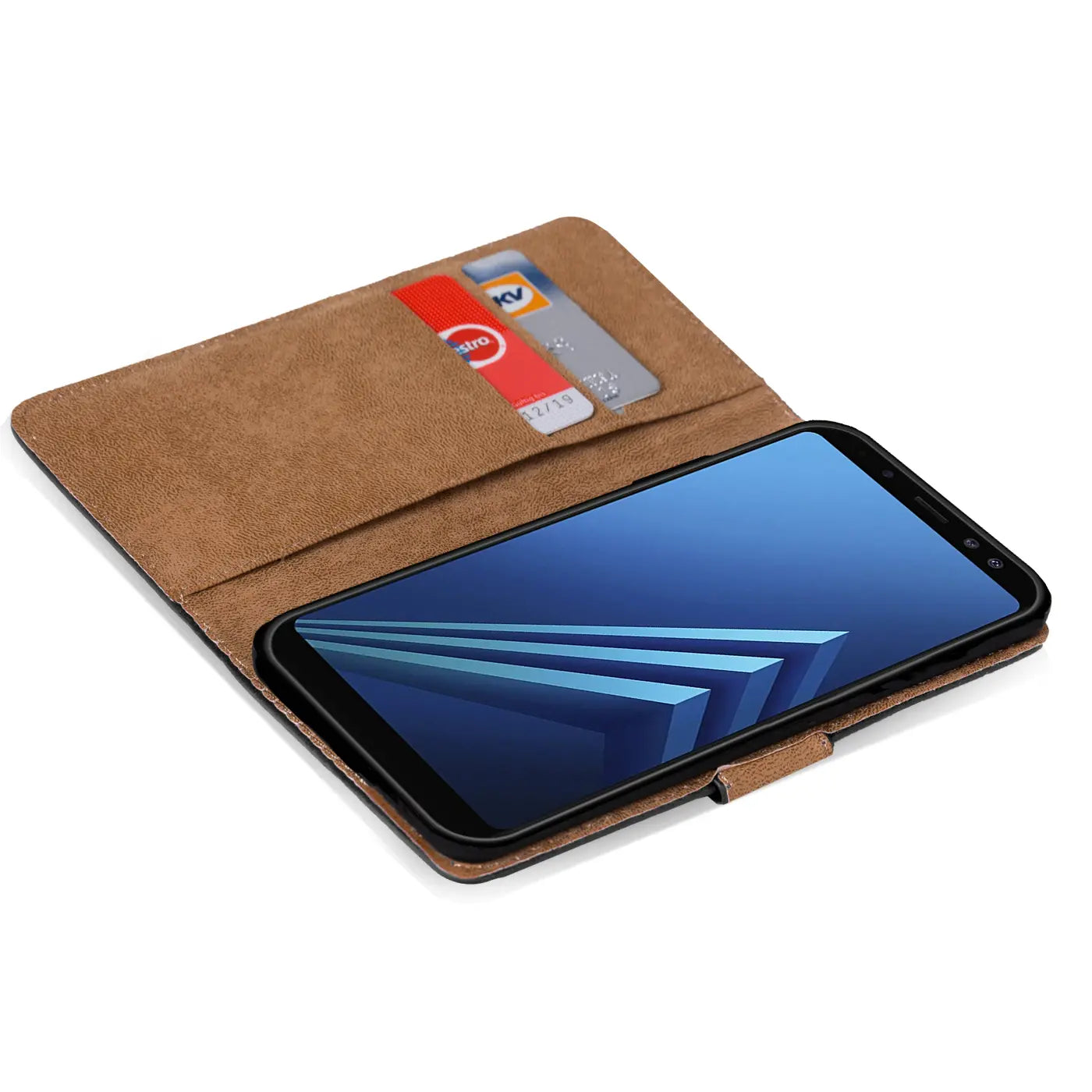 Braune Kunstleder-Klapphülle mit Kartenfächern, zeigt Samsung Galaxy A8 2018.