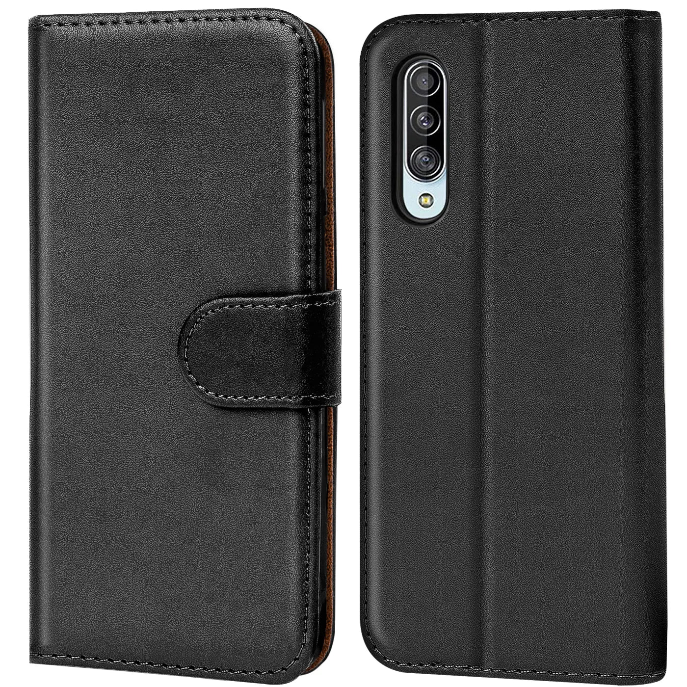 Schwarze Leder-Klapphülle mit Kartenfächern, Vorder- und Rückansicht, Samsung Galaxy A90 5G.