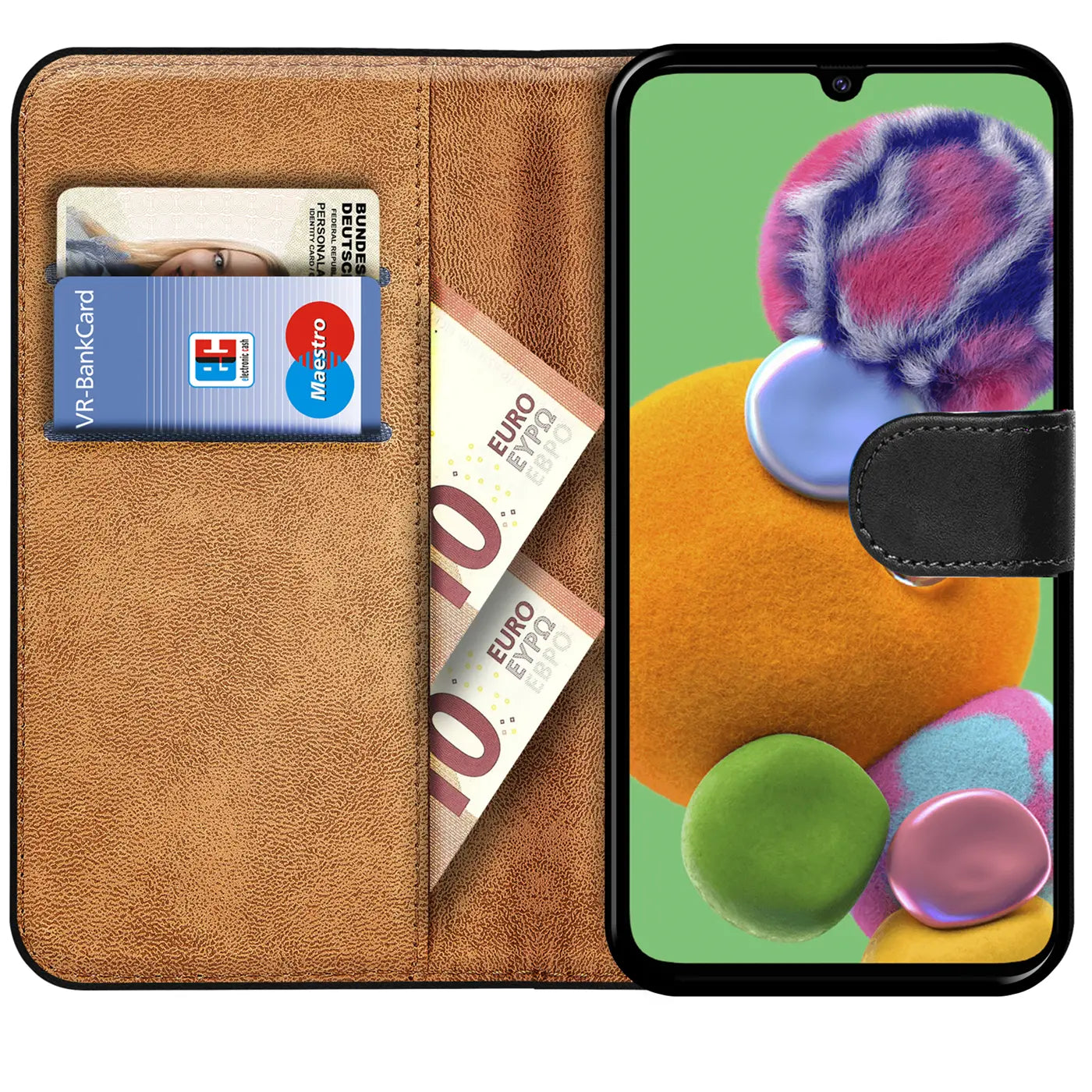 Braune Kunstleder-Klapphülle mit Kartenfächern, zeigt Samsung Galaxy A90 5G.