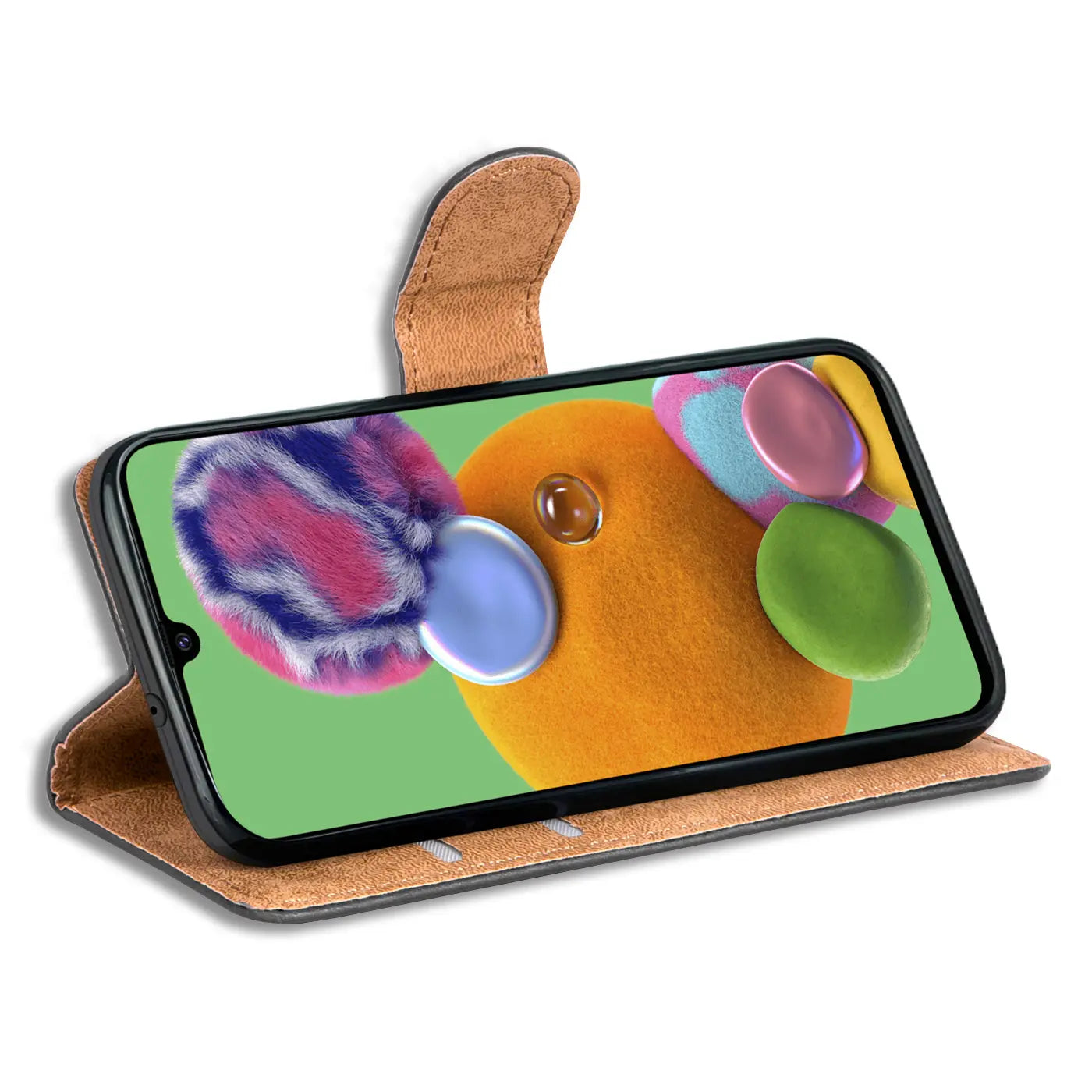Braune Leder-Klapphülle mit Kartenfächern, zeigt Samsung Galaxy A90 5G.