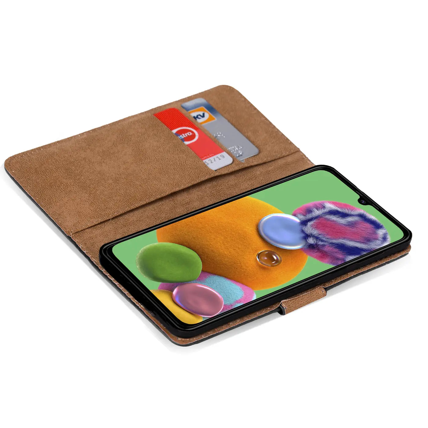 Braune Klapphülle aus Leder mit Kartenfächern, zeigt Samsung Galaxy A90 5G.